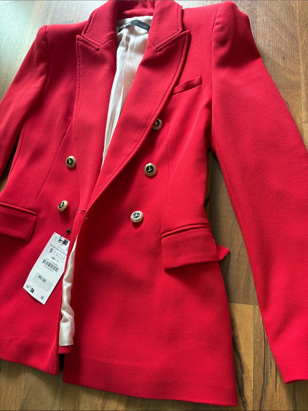 Zara Red Double-Breasted Blazer with Gold Buttons Size S NWT - Picture 5 of 12